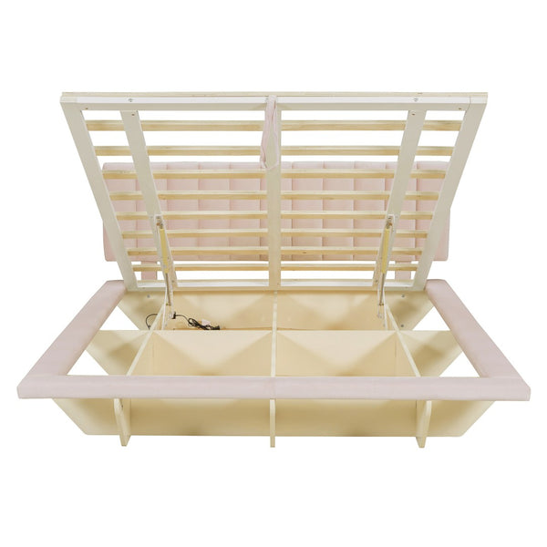HomeRoots Pink Tufted Upholstered Queen Bed Frame with Convenient USB Port for Stylish Comfort & Support 590461