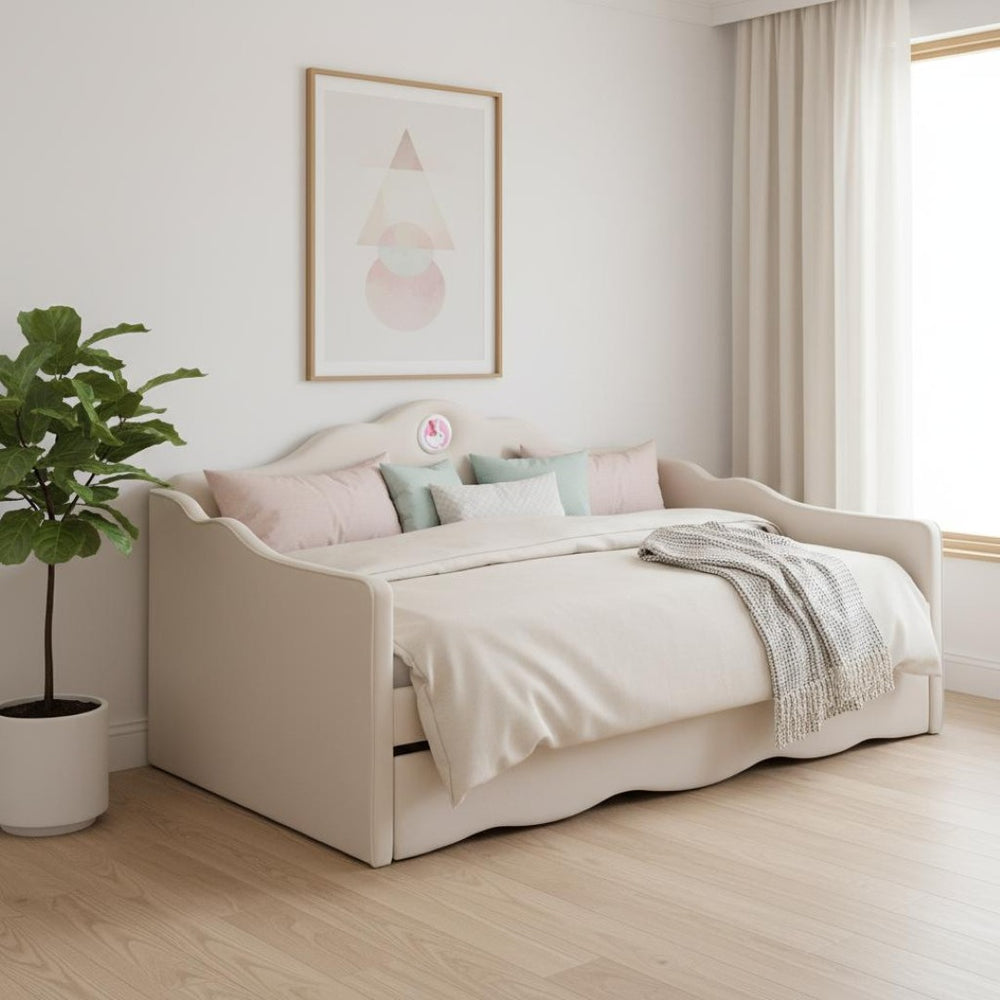 HomeRoots Beige Tufted Upholstered Twin Bed Frame with Space-Saving Trundle for Cozy Guest Sleepovers 590467