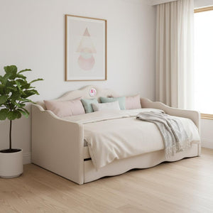 HomeRoots Beige Tufted Upholstered Twin Bed Frame with Space-Saving Trundle for Cozy Guest Sleepovers 590467