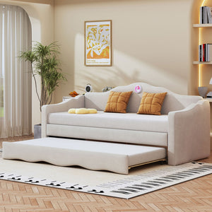 HomeRoots Beige Tufted Upholstered Twin Bed Frame with Space-Saving Trundle for Cozy Guest Sleepovers 590467