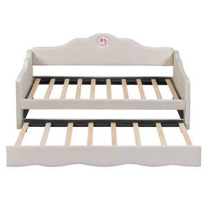 HomeRoots Beige Tufted Upholstered Twin Bed Frame with Space-Saving Trundle for Cozy Guest Sleepovers 590467