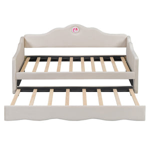 HomeRoots Beige Tufted Upholstered Twin Bed Frame with Space-Saving Trundle for Cozy Guest Sleepovers 590467