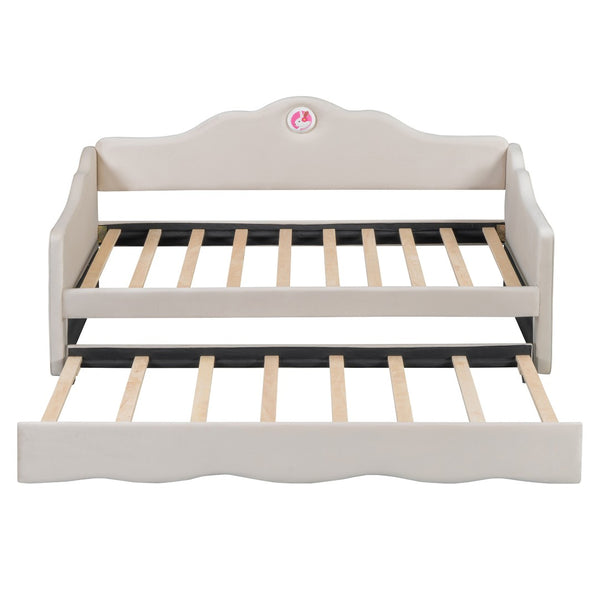 HomeRoots Beige Tufted Upholstered Twin Bed Frame with Space-Saving Trundle for Cozy Guest Sleepovers 590467