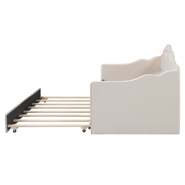 HomeRoots Beige Tufted Upholstered Twin Bed Frame with Space-Saving Trundle for Cozy Guest Sleepovers 590467