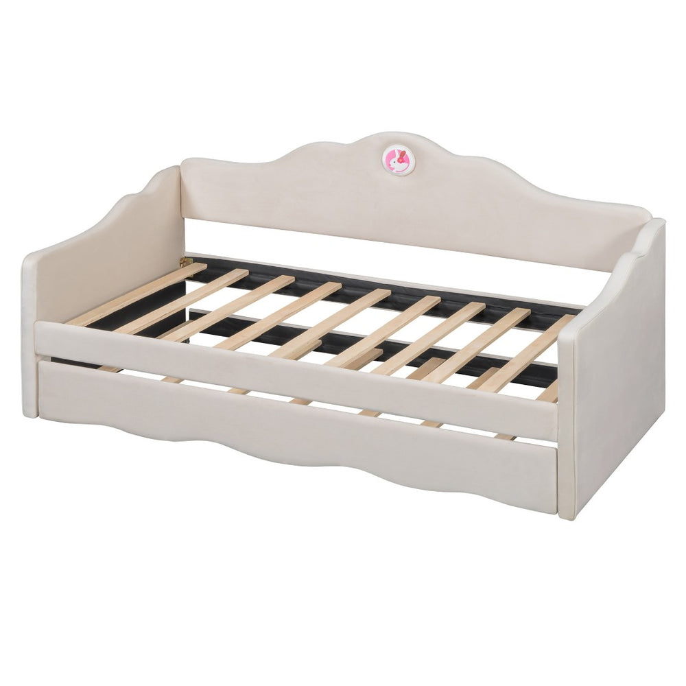 HomeRoots Beige Tufted Upholstered Twin Bed Frame with Space-Saving Trundle for Cozy Guest Sleepovers 590467