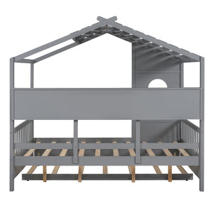 English Elm Wooden Full Size House Bed with Trundle and Built-In Shelves — Modern Pine Frame, Whimsical Roof Design Gray 57.2 L x 16.25 W x 5.9 H N733S316125E