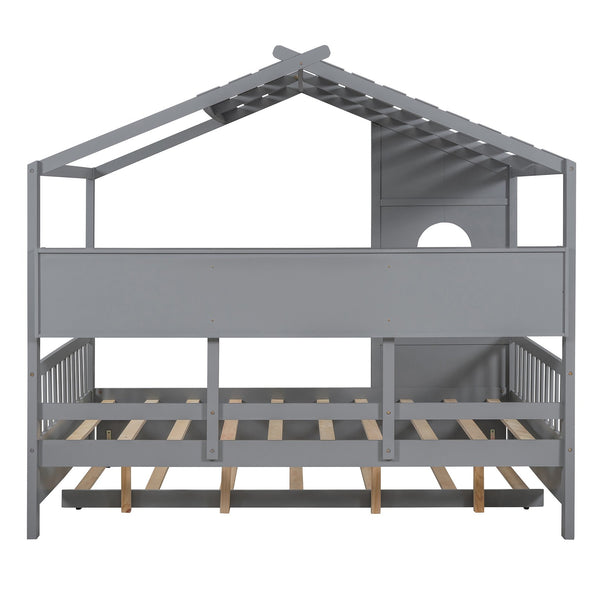 English Elm Wooden Full Size House Bed with Trundle and Built-In Shelves — Modern Pine Frame, Whimsical Roof Design Gray 57.2 L x 16.25 W x 5.9 H N733S316125E