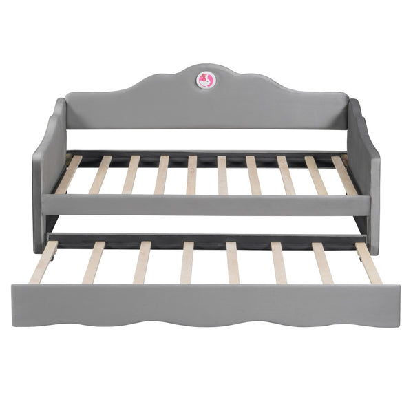 HomeRoots Gray Tufted Upholstered Twin Bed Frame with Trundle - Modern, Space-Saving Design for Comfort & Style 590468