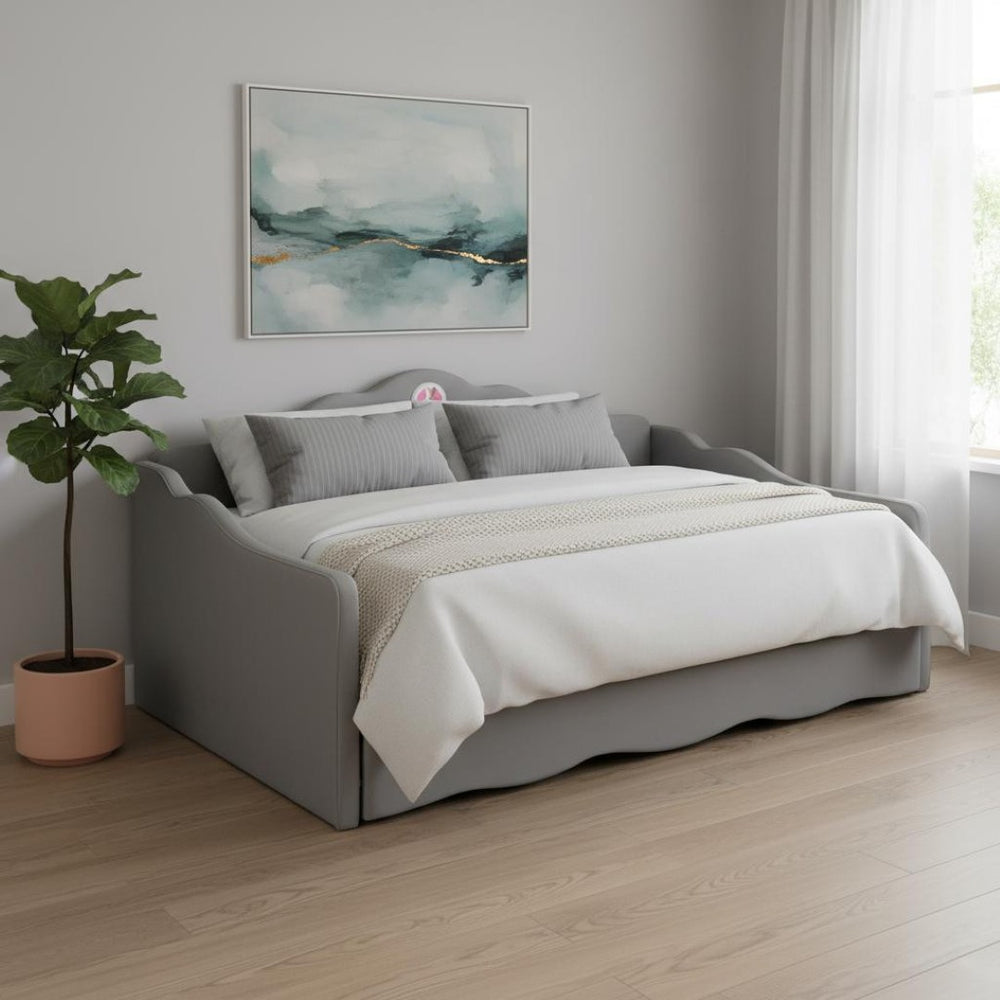 HomeRoots Gray Tufted Upholstered Twin Bed Frame with Trundle - Modern, Space-Saving Design for Comfort & Style 590468