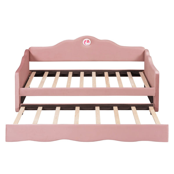 HomeRoots Pink Tufted Upholstered Twin Bed Frame with Trundle - Chic, Cozy Design for Stylish Sleepovers! 590469