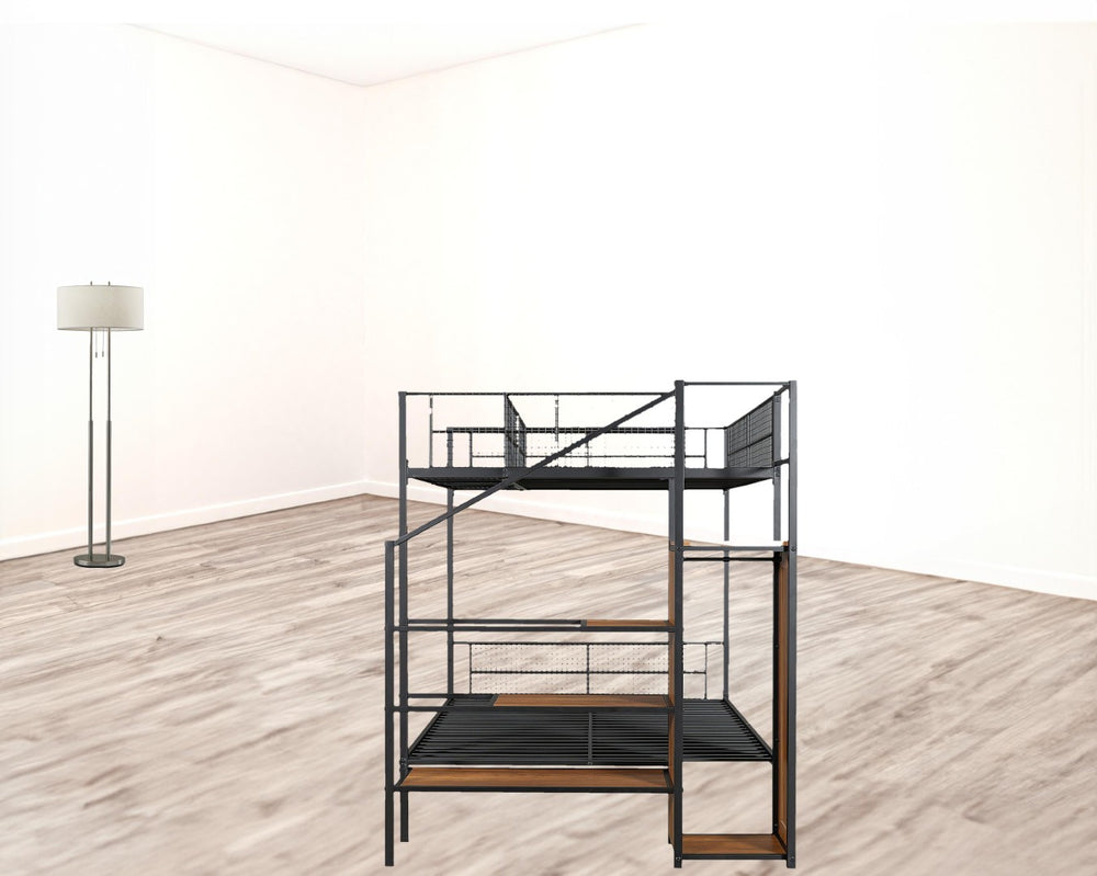 HomeRoots Black Twin Over Full Bunk Bed with Stairs, Storage, and Guardrails – Stylish & Safe Space Saver! 590489