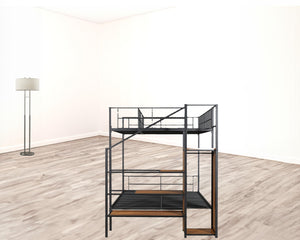 HomeRoots Black Twin Over Full Bunk Bed with Stairs, Storage, and Guardrails – Stylish & Safe Space Saver! 590489