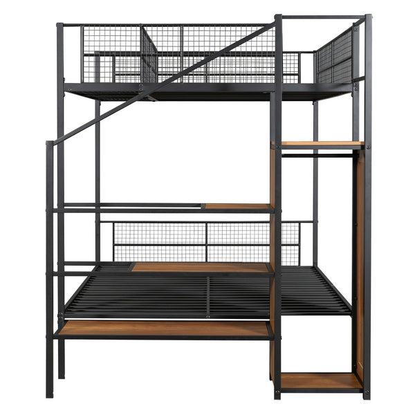 HomeRoots Black Twin Over Full Bunk Bed with Stairs, Storage, and Guardrails – Stylish & Safe Space Saver! 590489