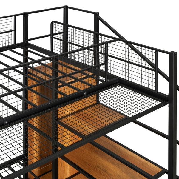 HomeRoots Black Twin Over Full Bunk Bed with Stairs, Storage, and Guardrails – Stylish & Safe Space Saver! 590489