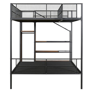 HomeRoots Black Twin Over Full Bunk Bed with Stairs, Storage, and Guardrails – Stylish & Safe Space Saver! 590489