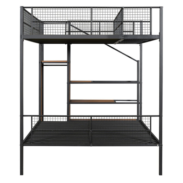 HomeRoots Black Twin Over Full Bunk Bed with Stairs, Storage, and Guardrails – Stylish & Safe Space Saver! 590489