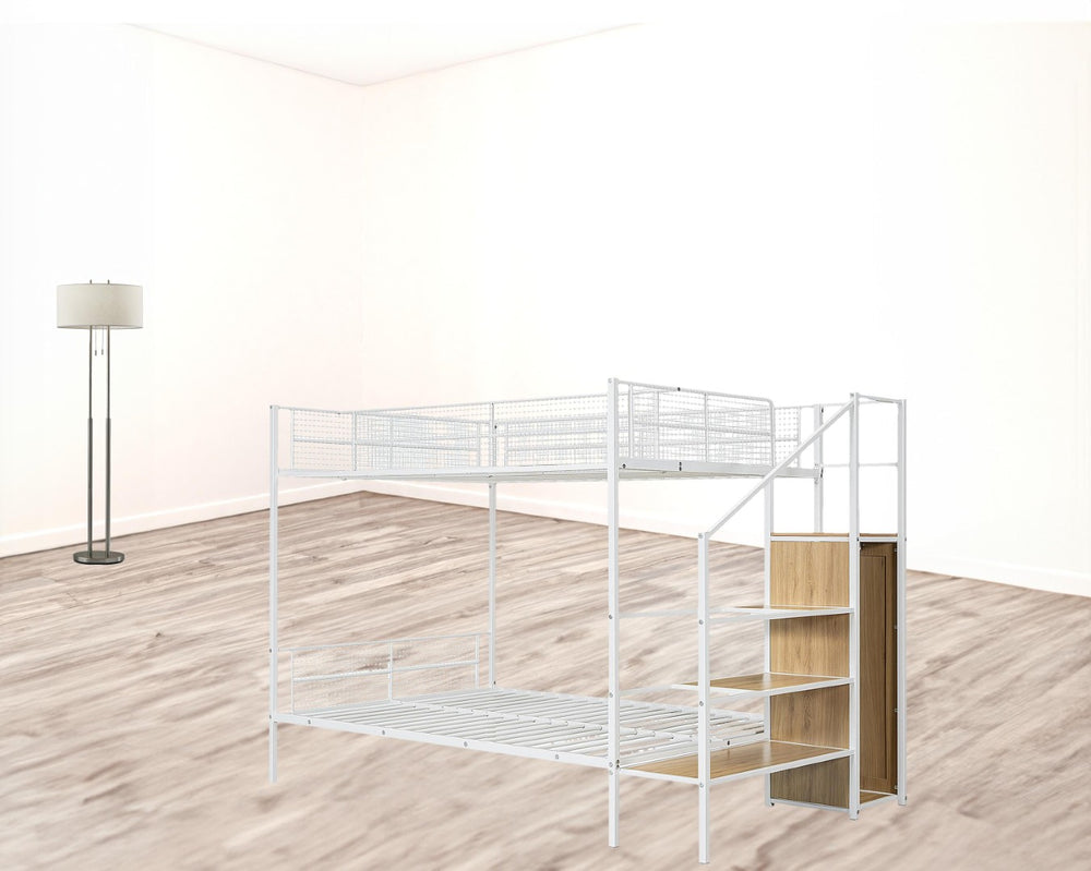 HomeRoots White Twin Over Full Bunk Bed with Stairs, Storage & Safety Features for Kids' Rooms & More 590490