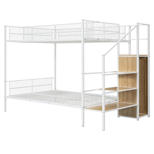 HomeRoots White Twin Over Full Bunk Bed with Stairs, Storage & Safety Features for Kids' Rooms & More 590490