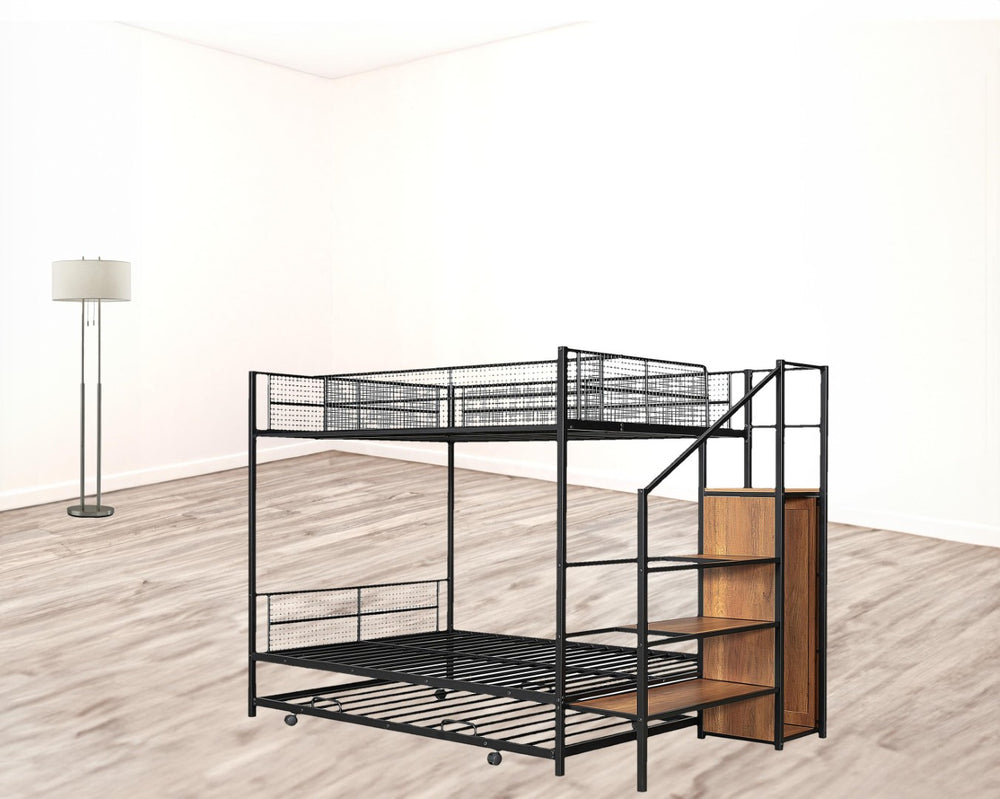 HomeRoots Black Twin Over Full Bunk Bed with Stairs, Desk, Trundle, & Storage - Stylish Space Saver Solution! 590491