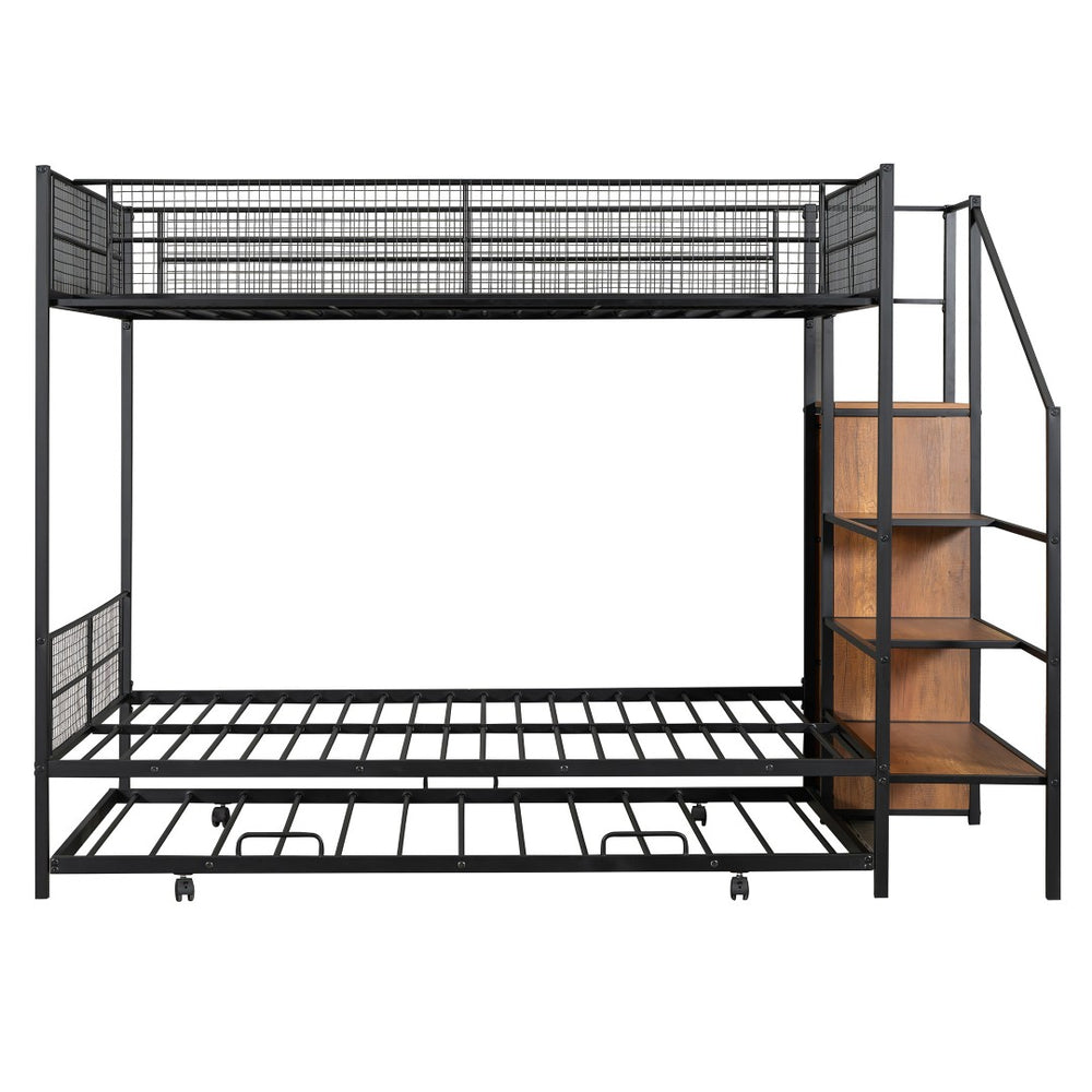 HomeRoots Black Twin Over Full Bunk Bed with Stairs, Desk, Trundle, & Storage - Stylish Space Saver Solution! 590491