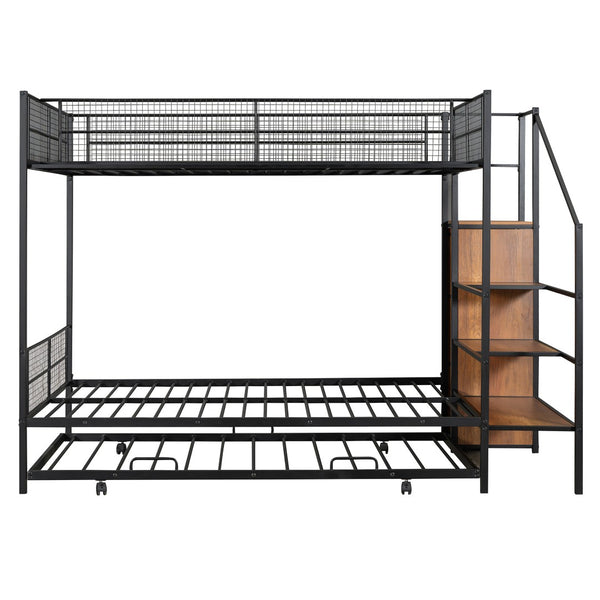 HomeRoots Black Twin Over Full Bunk Bed with Stairs, Desk, Trundle, & Storage - Stylish Space Saver Solution! 590491