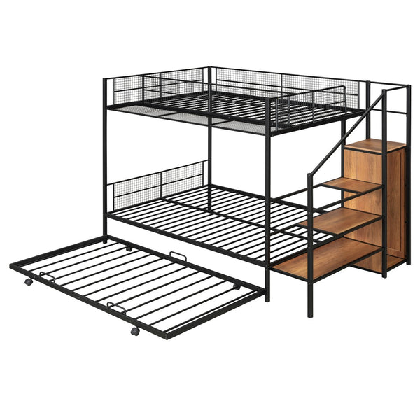 HomeRoots Black Twin Over Full Bunk Bed with Stairs, Desk, Trundle, & Storage - Stylish Space Saver Solution! 590491
