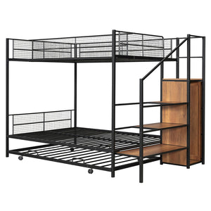 HomeRoots Black Twin Over Full Bunk Bed with Stairs, Desk, Trundle, & Storage - Stylish Space Saver Solution! 590491