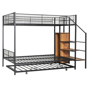 HomeRoots Black Twin Over Full Bunk Bed with Stairs, Desk, Trundle, & Storage - Stylish Space Saver Solution! 590491