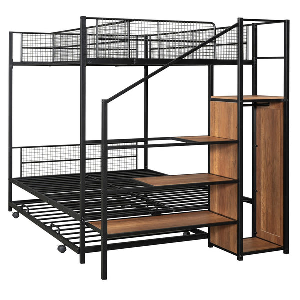 HomeRoots Black Twin Over Full Bunk Bed with Stairs, Desk, Trundle, & Storage - Stylish Space Saver Solution! 590491