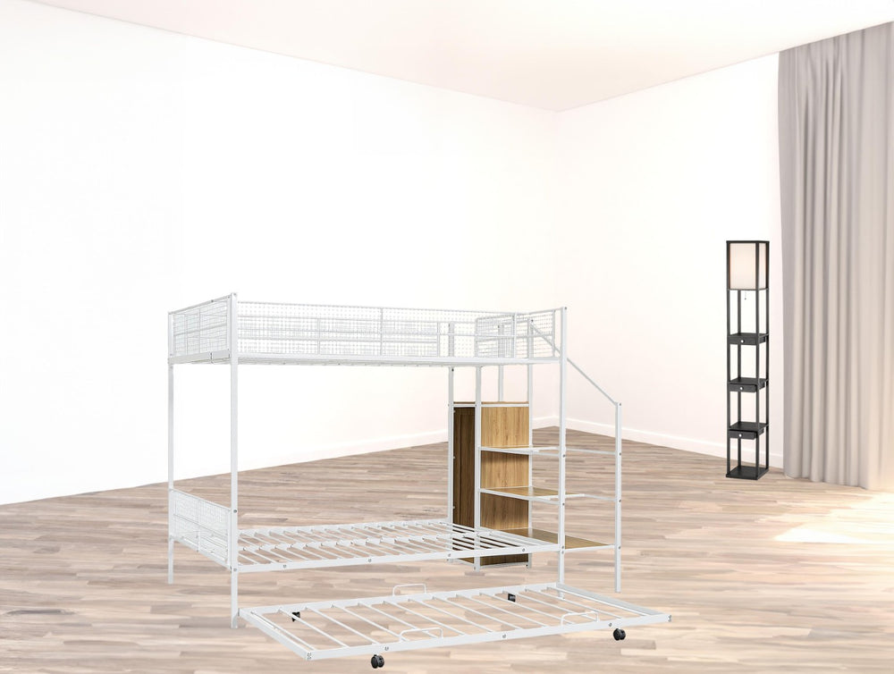 HomeRoots White Twin Over Full Bunk Bed with Stairs, Desk, Trundle & Storage - Perfect for Kids' Rooms! 590492