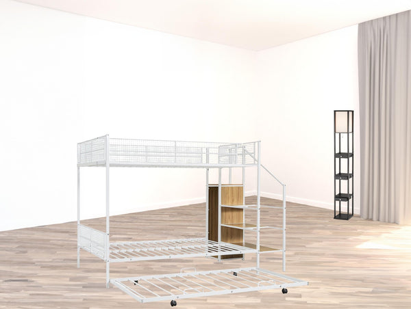 HomeRoots White Twin Over Full Bunk Bed with Stairs, Desk, Trundle & Storage - Perfect for Kids' Rooms! 590492