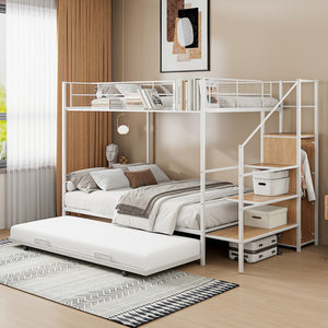 HomeRoots White Twin Over Full Bunk Bed with Stairs, Desk, Trundle & Storage - Perfect for Kids' Rooms! 590492