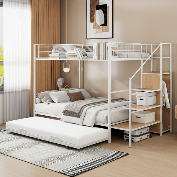 HomeRoots White Twin Over Full Bunk Bed with Stairs, Desk, Trundle & Storage - Perfect for Kids' Rooms! 590492