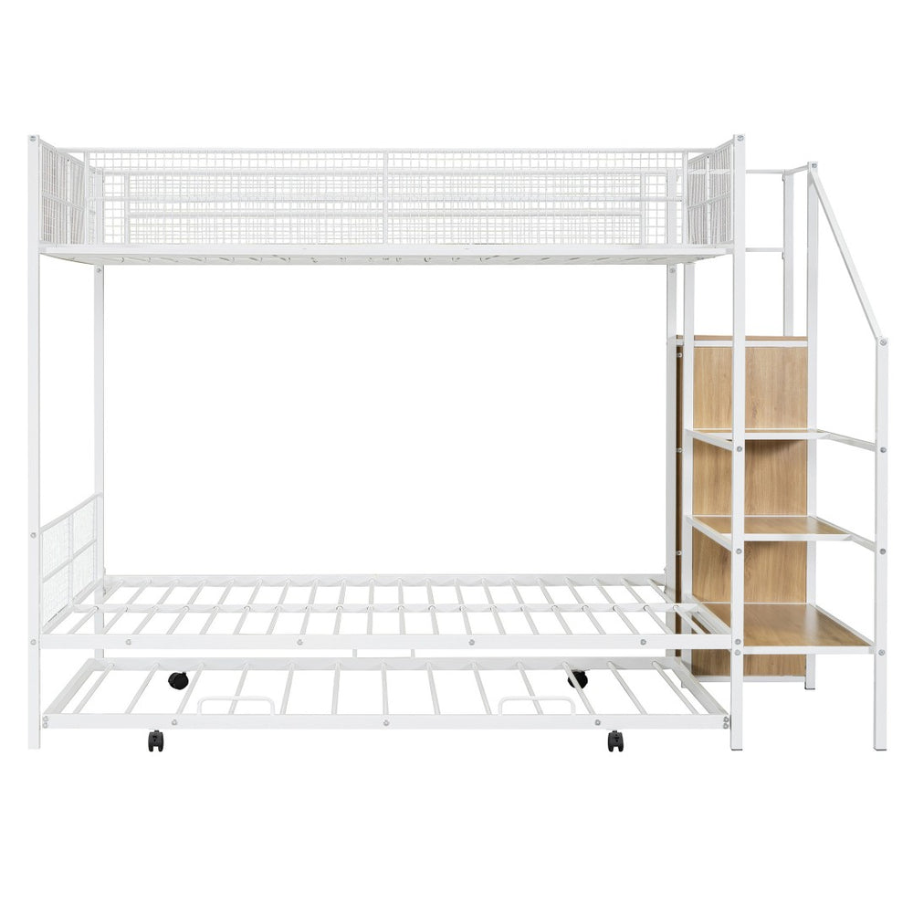 HomeRoots White Twin Over Full Bunk Bed with Stairs, Desk, Trundle & Storage - Perfect for Kids' Rooms! 590492