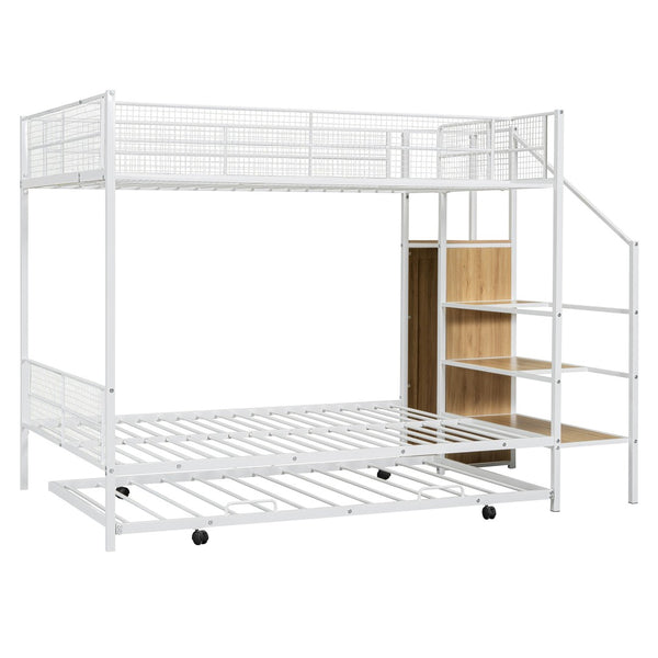 HomeRoots White Twin Over Full Bunk Bed with Stairs, Desk, Trundle & Storage - Perfect for Kids' Rooms! 590492
