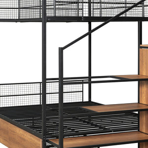 HomeRoots Black Twin Over Full Bunk Bed with Stairs & Storage - Modern Wood and Metal Design for Kids Rooms 590493