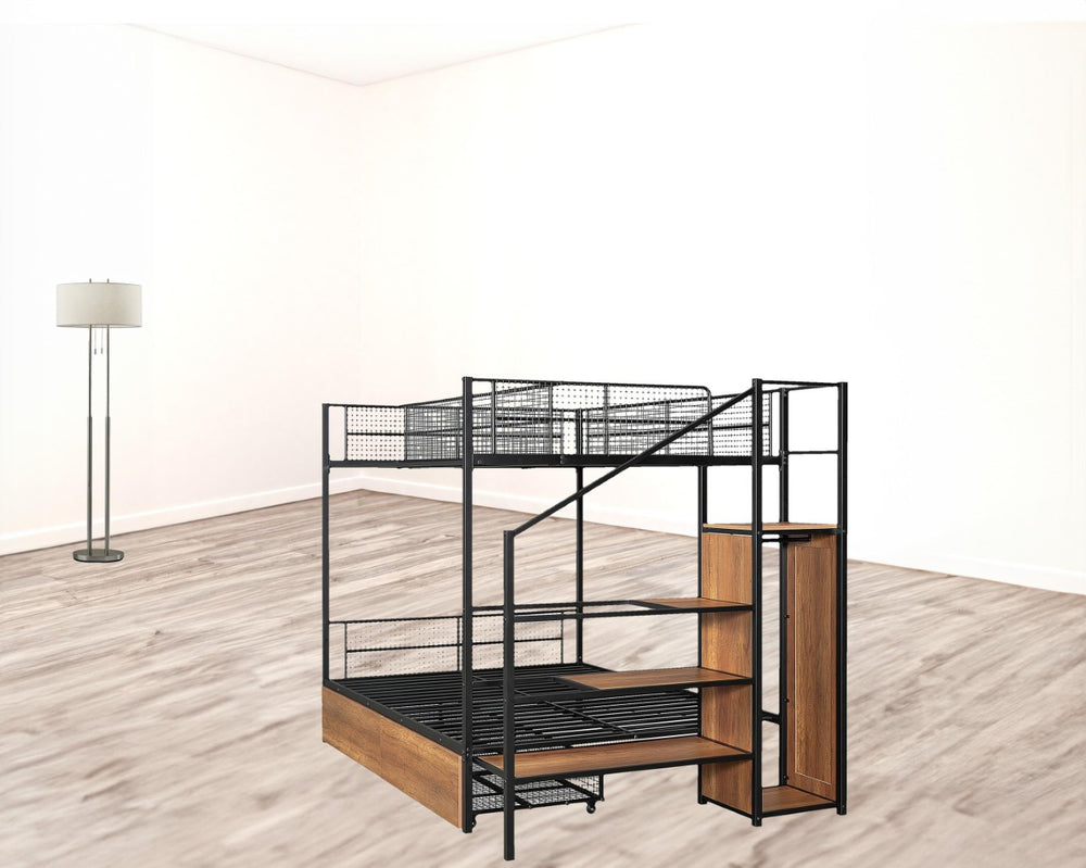 HomeRoots Black Twin Over Full Bunk Bed with Stairs & Storage - Modern Wood and Metal Design for Kids Rooms 590493