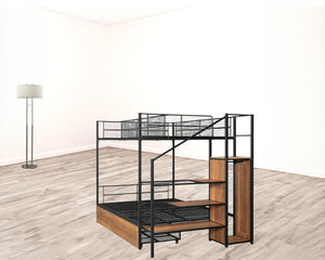 HomeRoots Black Twin Over Full Bunk Bed with Stairs & Storage - Modern Wood and Metal Design for Kids Rooms 590493