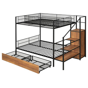 HomeRoots Black Twin Over Full Bunk Bed with Stairs & Storage - Modern Wood and Metal Design for Kids Rooms 590493