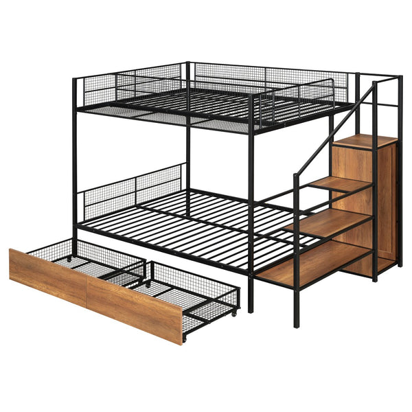 HomeRoots Black Twin Over Full Bunk Bed with Stairs & Storage - Modern Wood and Metal Design for Kids Rooms 590493