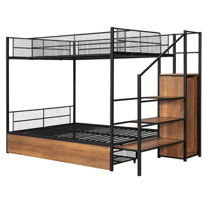 HomeRoots Black Twin Over Full Bunk Bed with Stairs & Storage - Modern Wood and Metal Design for Kids Rooms 590493