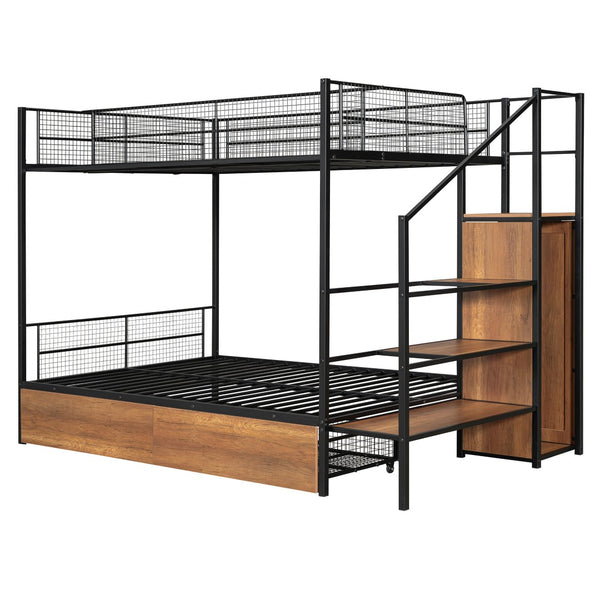 HomeRoots Black Twin Over Full Bunk Bed with Stairs & Storage - Modern Wood and Metal Design for Kids Rooms 590493