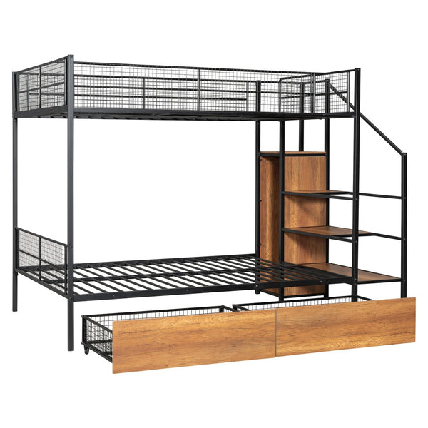 HomeRoots Black Twin Over Full Bunk Bed with Stairs & Storage - Modern Wood and Metal Design for Kids Rooms 590493