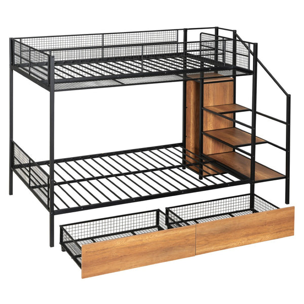 HomeRoots Black Twin Over Full Bunk Bed with Stairs & Storage - Modern Wood and Metal Design for Kids Rooms 590493