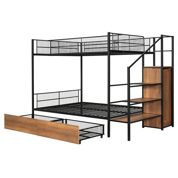 HomeRoots Black Twin Over Full Bunk Bed with Stairs & Storage - Modern Wood and Metal Design for Kids Rooms 590493