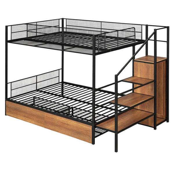 HomeRoots Black Twin Over Full Bunk Bed with Stairs & Storage - Modern Wood and Metal Design for Kids Rooms 590493