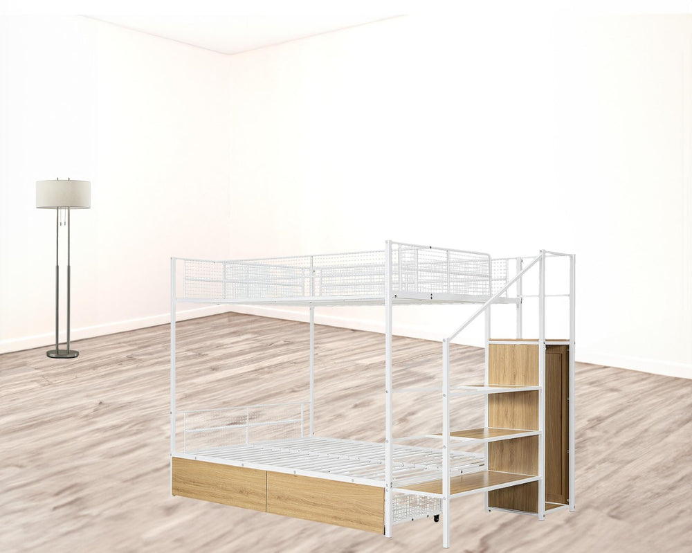 HomeRoots White Twin Over Full Bunk Bed with Stairs & Storage - Stylish, Space-Saving Solution for Kids' Rooms 590494