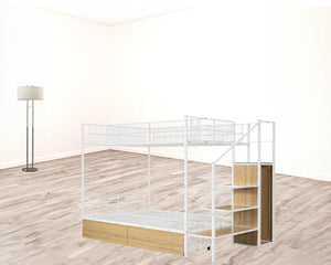 HomeRoots White Twin Over Full Bunk Bed with Stairs & Storage - Stylish, Space-Saving Solution for Kids' Rooms 590494