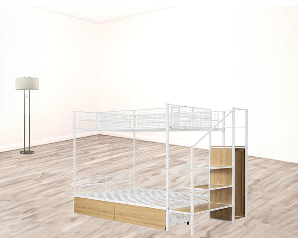 HomeRoots White Twin Over Full Bunk Bed with Stairs & Storage - Stylish, Space-Saving Solution for Kids' Rooms 590494