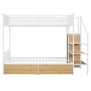 HomeRoots White Twin Over Full Bunk Bed with Stairs & Storage - Stylish, Space-Saving Solution for Kids' Rooms 590494